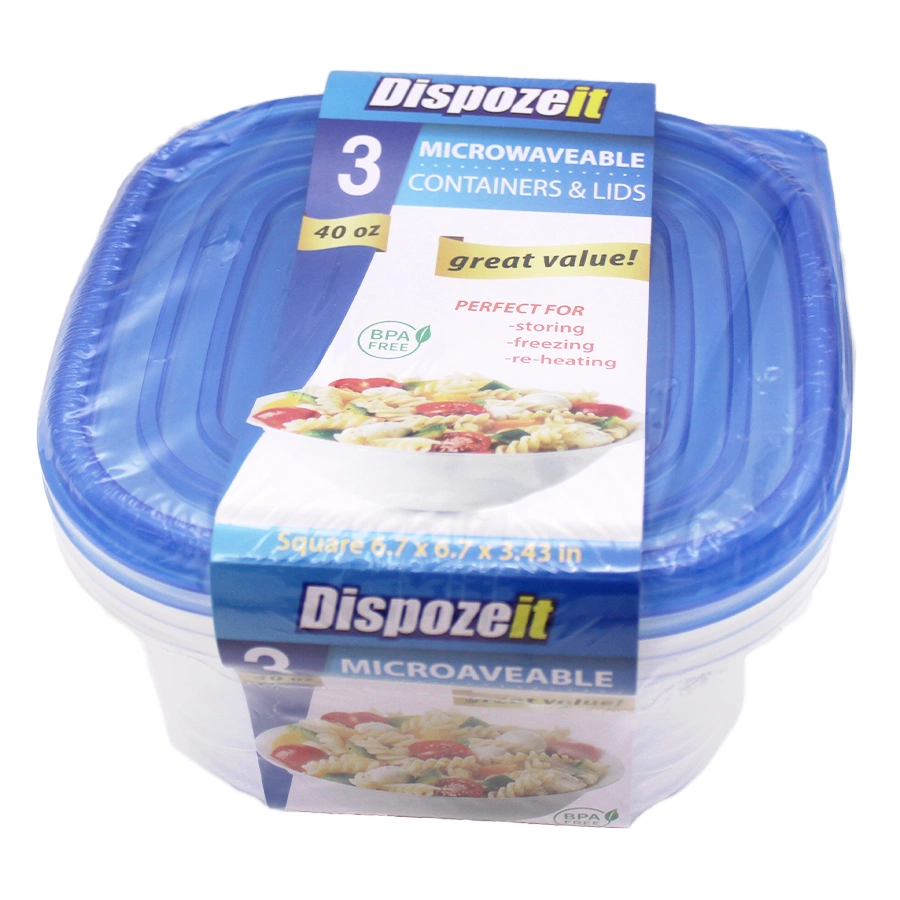 DISPOZEIT DISPOSABLE FOOD CONTAINER 40 OZ 6 CT TALL SQUARE (3 LIDS + 3 CONTS)